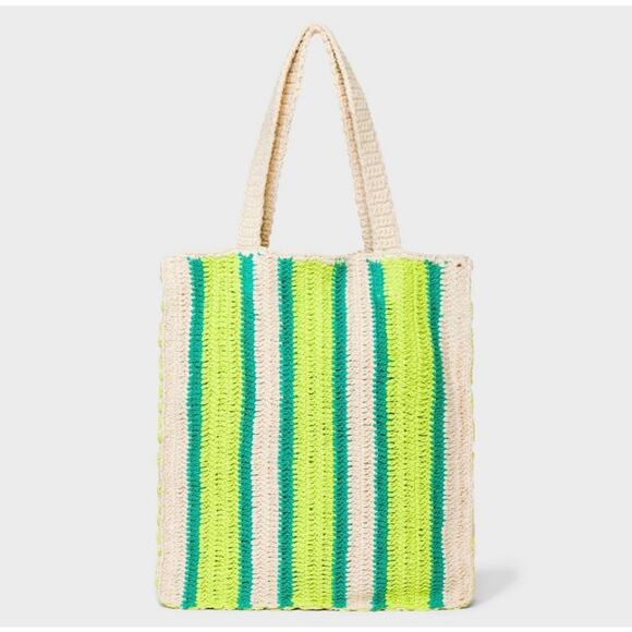 Crochet Tote Handbag Universal Thread Green Striped Beach Vacation Summer Womens - Picture 1 of 8